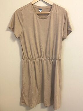 Old Navy - Tan Beige Short-Sleeve Midi Dress - Casual Cinched Waist - Size L